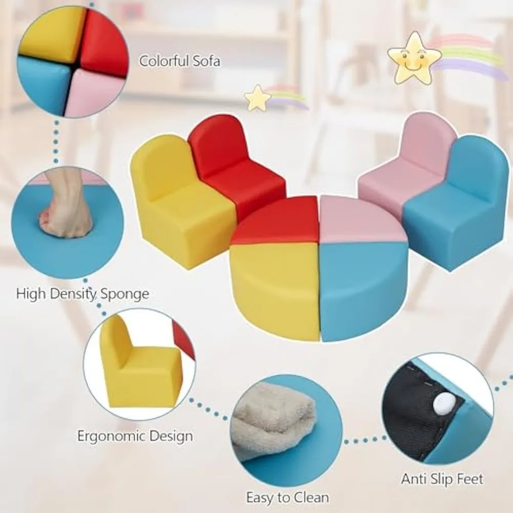 Kids Sofa Seating Set Convert to Table and 4 Chairs Colorful Stools for Toddlers Soft Foam Play 8 PCs Set for Classroom 5