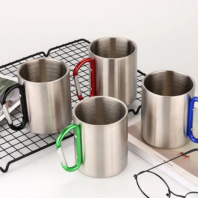220ML Stainless Steel Water Cup Tea Coffee Mug with Carabiner Handle Portable Travel Home Drinking Supplies