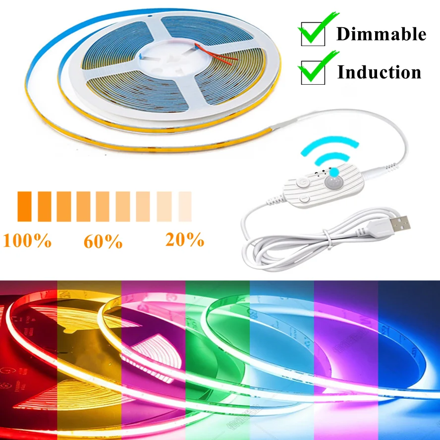 3 Modes Dimmable 5V USB COB Light Strip Motion Sensor Induction Night Light for Bathroom, Bedroom, Bed TV Lighting Decoration