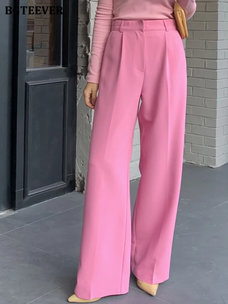 

BGTEEVER Stylish High Waist Ladies Floor-Length Suit Pants Spring Summer Loose Pockets Wide Leg Trousers Women