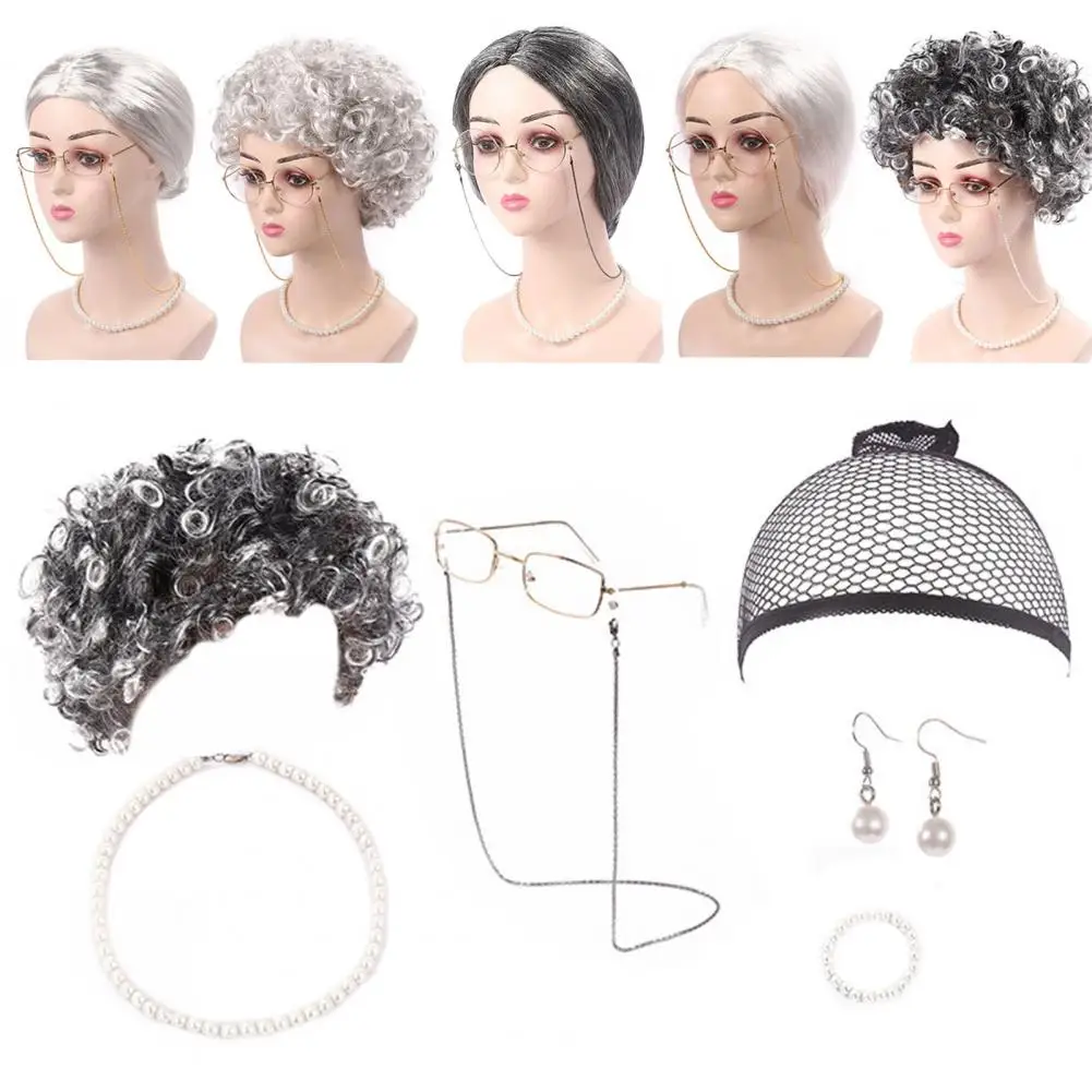 Set De 7 Accesorios Para Disfraz De Abuela: Peluca Gris Con Malla Transpirable, Collar De Perlas, Pendientes, Pulsera Y Gafas, Ideal Para Fiestas Y Cosplay