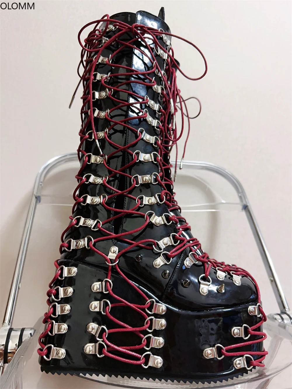 

Knee Thigh Boots Womens Punk Platform Wedge High Heel Japanese Harajuku Lace Up Straps Motorcycle Shoes DIY JK