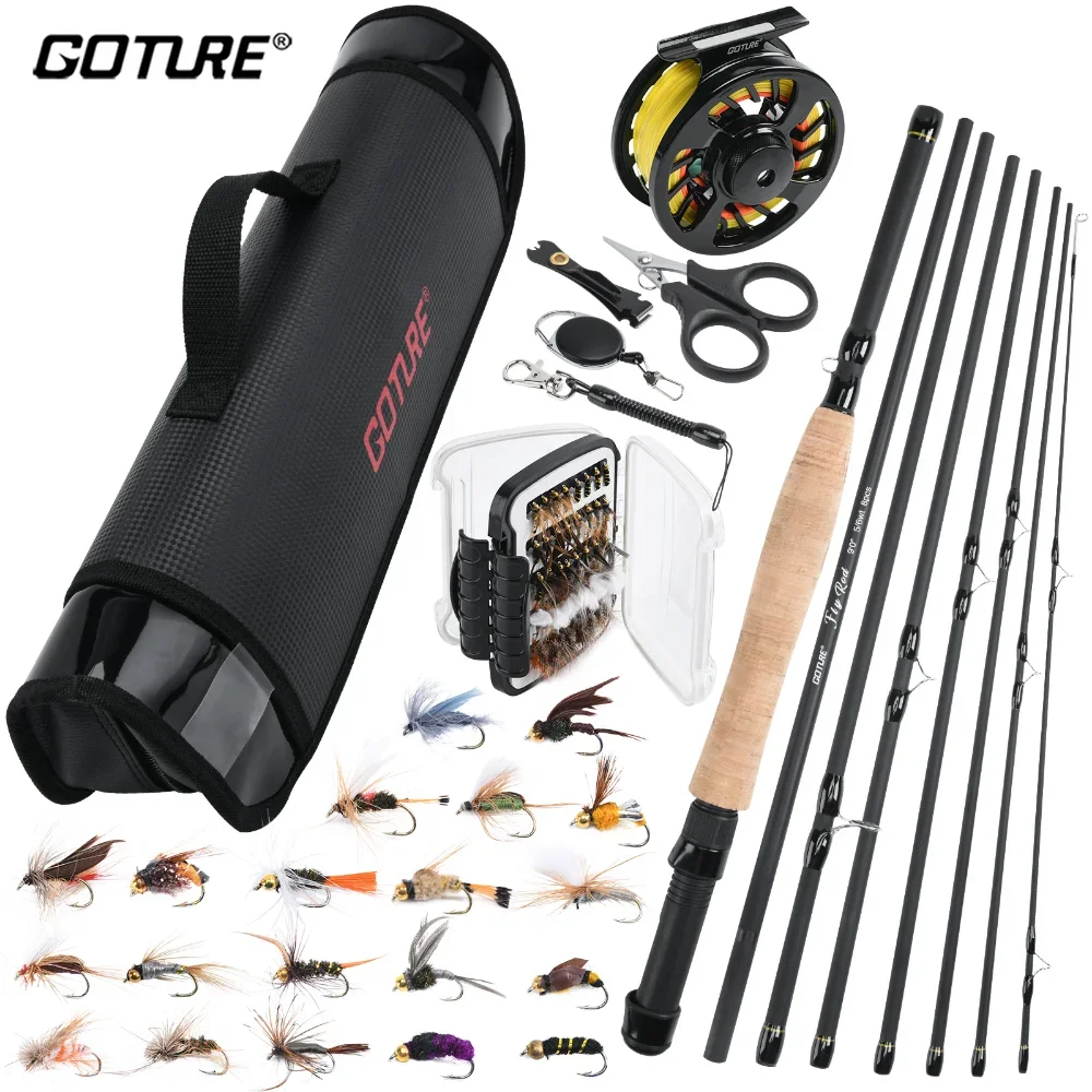 Fishing Pole Set Fishing Rod and Reel Combo Goture 2.7m/9FT Fly Fishing Rod Set 5/6WT 8pcs Carbon Fiber Fly Rod Combo Portable Travel Feeder with Reel Fishing Tackle Bag