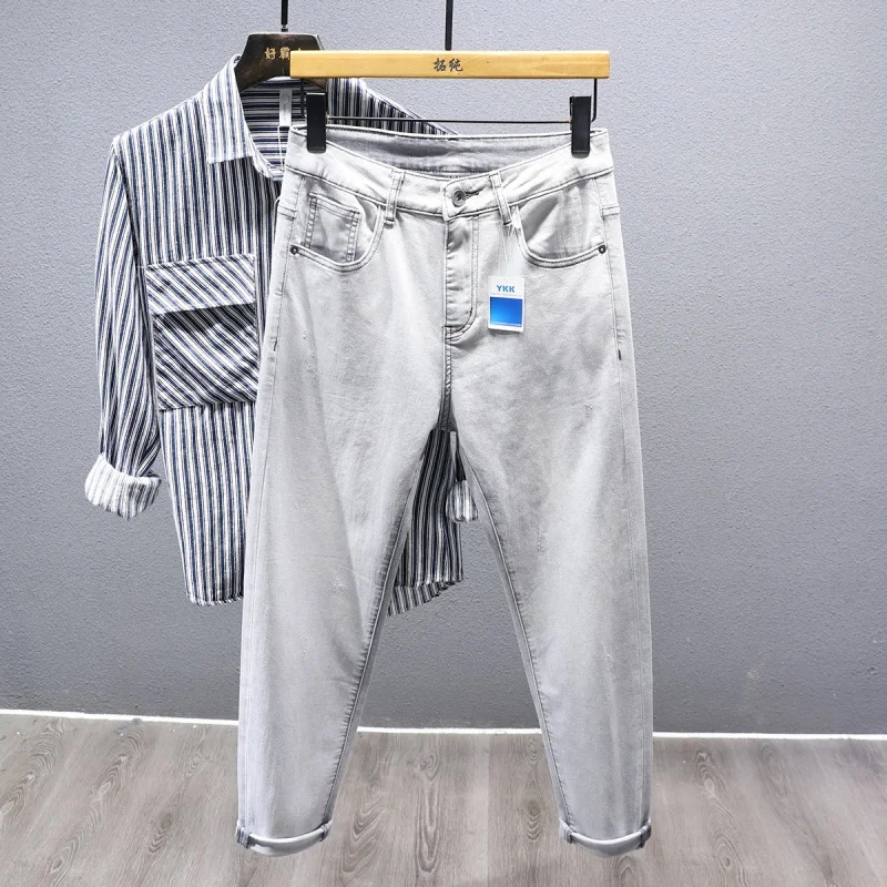Men's Smoke Gray Jeans 2025 Spring Fashion Trendy Street Style Versatile Slim Fit Stretchy Skinny Pants 4