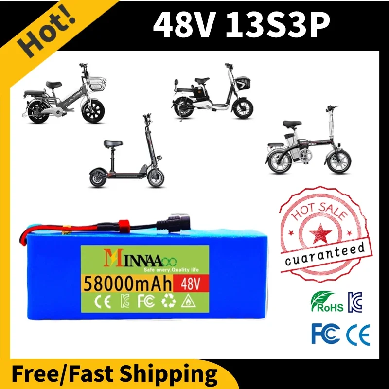 13S3P 48v 100Ah 18650 Li-ion Battery for Bafang Electric Bike Retrofit Kit 1000w 54.6V 2A Charger + XT60 Plug