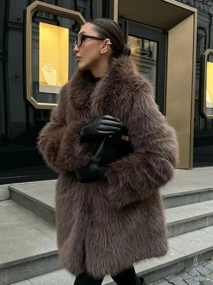 New Thickened Autumn Winter Fox Fur Coat With Large Lapel Long Street style Faux Fur Overcoat Soft Furry Luxe Femme Fur Jacket