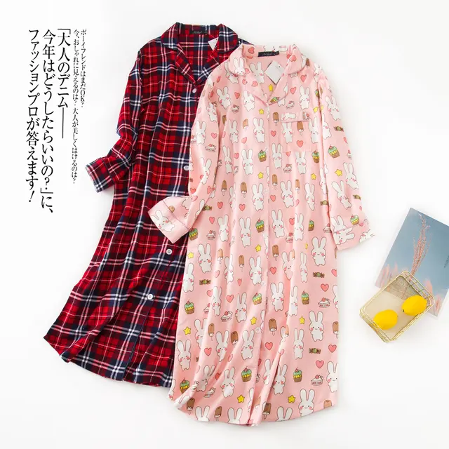Women's Flannel 100% Cotton Nightgowns Button Down Boyfriend Nightshirt Mid-Long Style Sleepshirt Pajama Dress Casual Nightshirt 1