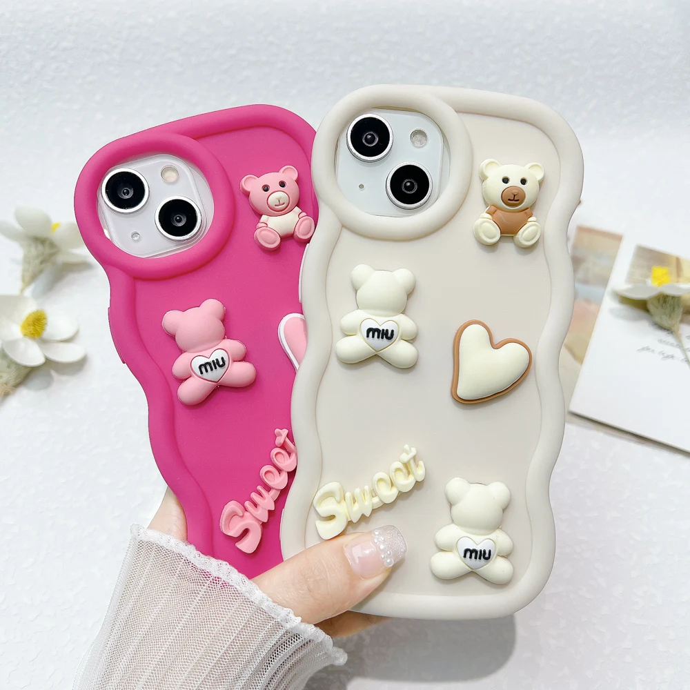 3D DIY Wave Phone Cases For iPhone 15 Case iPhone 13 Pro Max 14 16 11 12 Xs X XR 6 7 8 Plus SE 2022 Korea Cute Bear Soft Cover