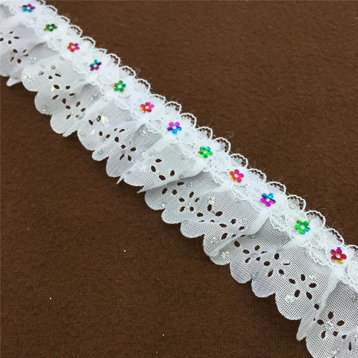 Sequined Trim Gathered Organza Lace 1/3/5 yards 2-Layer White DIY