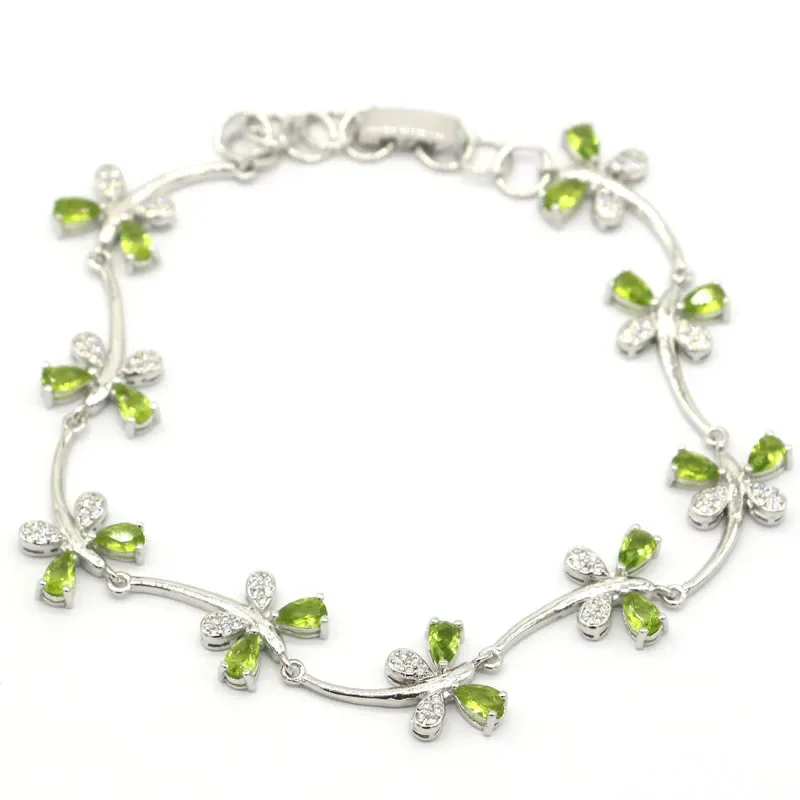 

11g 925 SOLID STERLING SILVER BRACELET Pretty Flowers Shape Peridot Swiss Blue Topaz Iolite London Blue Topaz CZ Daily Wear