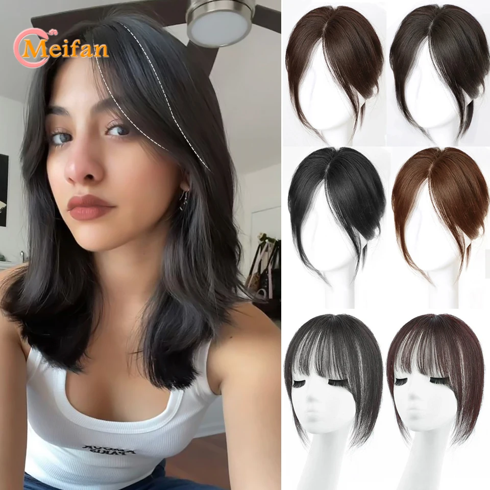 MEIFAN Topper Hairpiece Synthetic Clip-In Bang Extension Middle Part Fake Bangs Fringe Invisible Clourse Hairpiece for Women