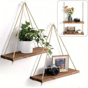 1PC Wooden Swing Hanging Hemp Rope Wall Shelve Mounted Floating Home Living Room Plant Flower Pot Tray Storage Garden Decoration 1