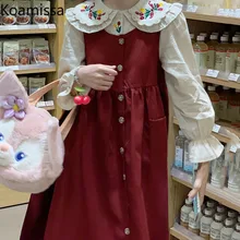 

Koamissa Sets Women Blouses and Dresses Vintage Floral Embroidery Long Sleeve Shirt Japanese Style Sweet Loose Vest Dress Suits