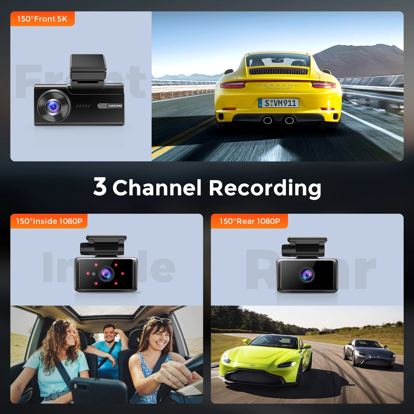 AZDOME M580 Car DVR 5K Dash Cam GPS 3 Cameras 1080P Cabin Rear WiFi Free APP Emergency Record Parking Monitor Loop Recording