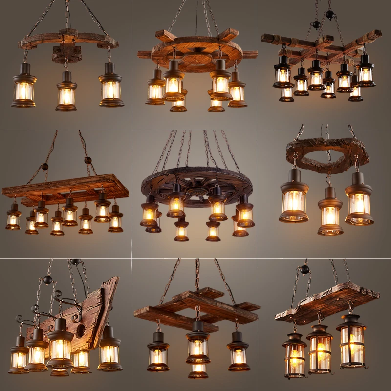 

American Wood Industrial Loft Chandelier Restaurant Homestay Bar Personality Barbecue Shop Wood Lamps Decor Interior Lighting