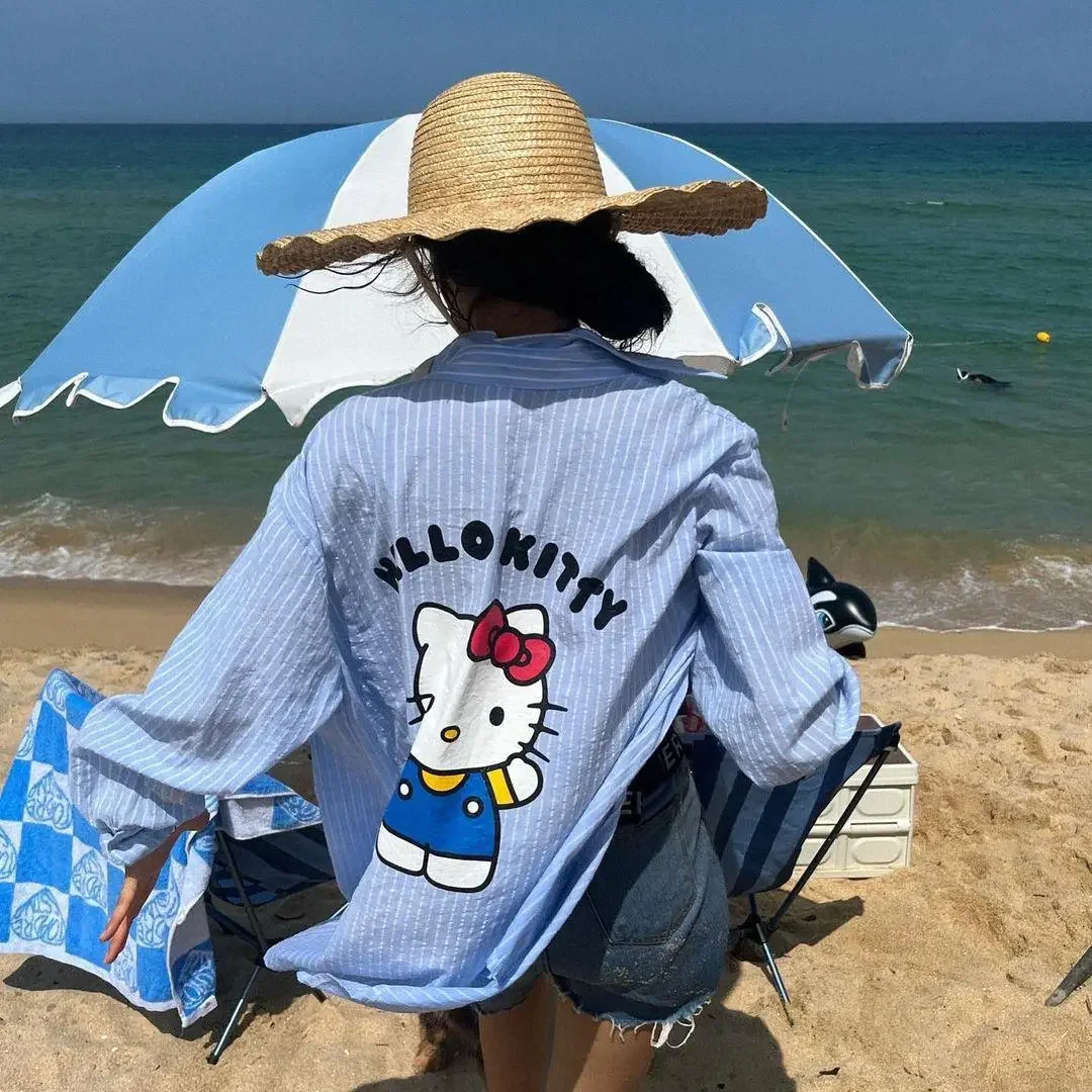 

Anime Sanrio Kawaii Hello Kitty My Melody Y2k Shirt Cute Cartoon Printed Long Sleeve Shirt Summer Casual Loose Shorts Set
