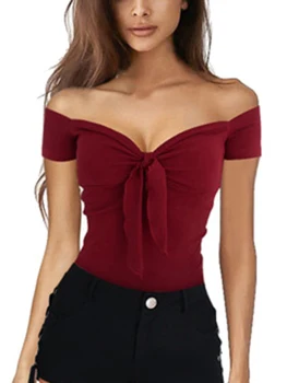 Summer Solid Color Basic Casual Short Sleeve V-neck Off Shoulder Top Sexy Beach Party Slim Fit T-shirts Sweet Style Women's Wear 1