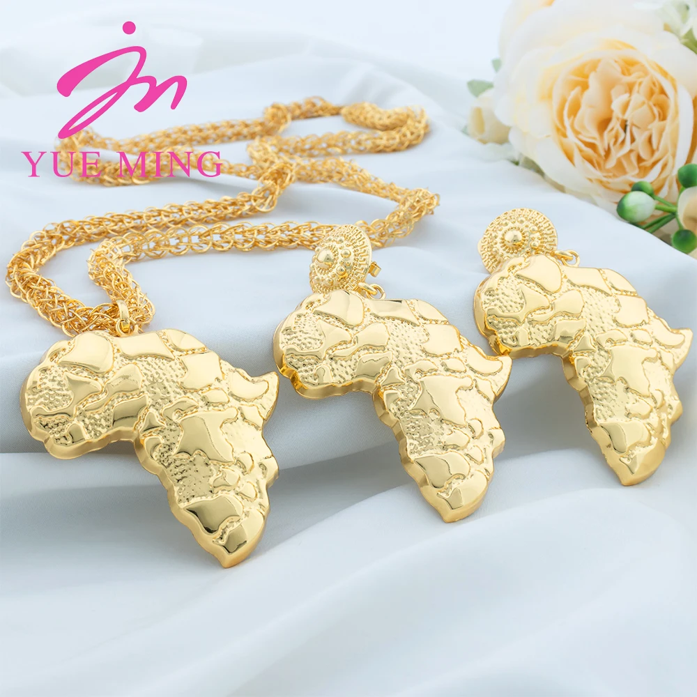 

African Map Shape Jewelry Set for Women Brazilian Dubai Italian Gold Plated Necklace Drop Earrings Wedding Party Banquet Jewelry