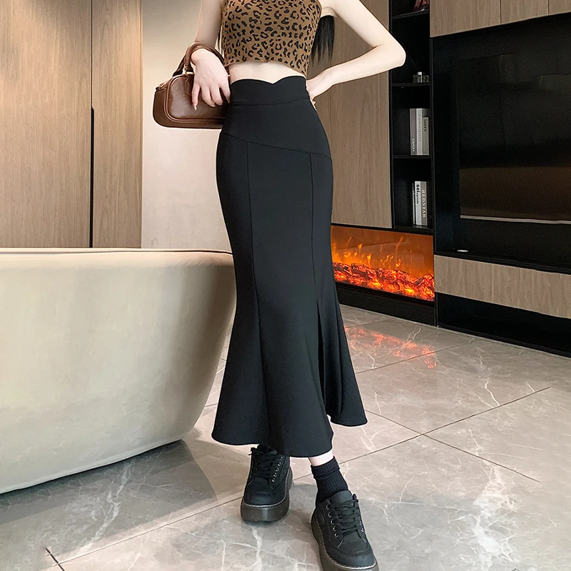 

High-waisted Fishtail Skirt Bustier Slim Long Section Black Split Package Hip Skirt