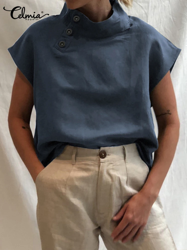 Celmia Women Short Sleeve Blusas 2022 Summer Cotton Linen Shirts Fashion Oversized Blouses Casual Loose Camisas Solid Tunic Tops