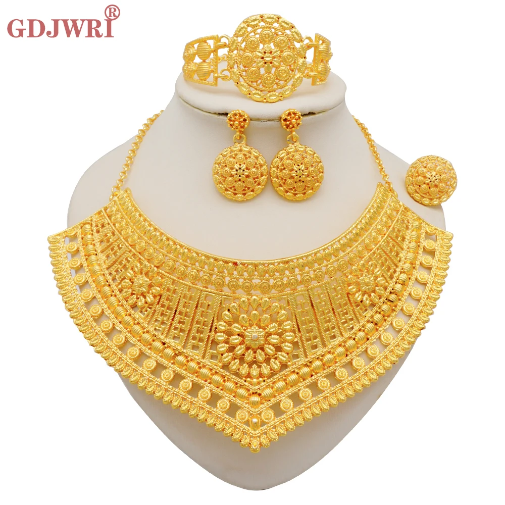 

Dubai Gold Color Jewelry Set Wedding African Indian Ethiopian Bridal Sets Nigerian Necklace Bracelet Earring Ring Jewellery