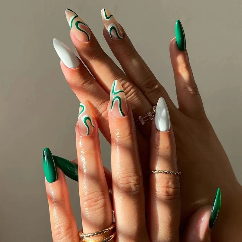 24pcs Simple French Wearable False Nails Almond Green Stripes Line ...