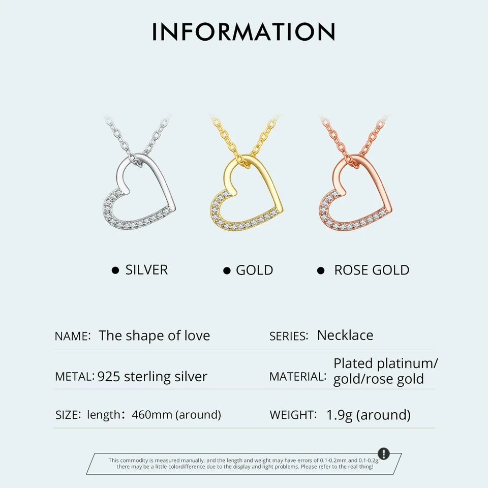 Silver Chain Necklace BAMOER Genuine 925 Sterling Silver The shape of love Chain for Women Godl Plated Heart 3 Color 18.11''