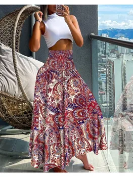 Women Fashion Floral Print Folds Bohemian Elastic High Waist Skirt Ladies Knee-Length Long Skirts For Women 1