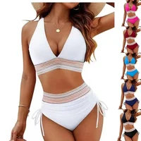 Sexy High-Waist Bikini Swimsuit Strap Design Slimming Split Neck Hanging Strap Swimwear for Women Trendy Poolwear Casual Beachwe