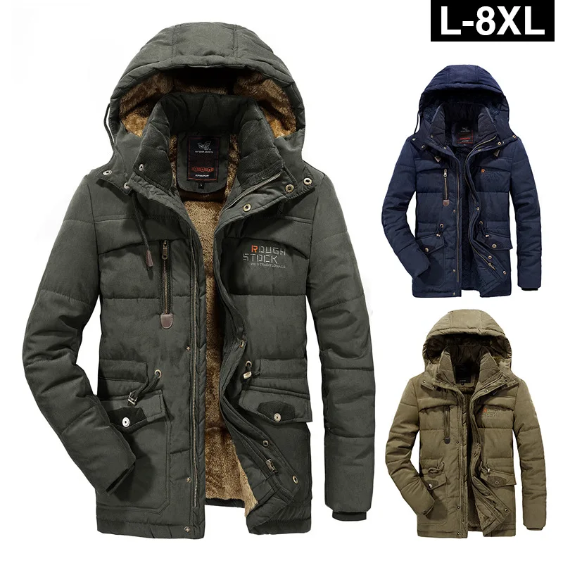 Optics Smile Hooded Military Fur Cargo Jackets for Men, Streetwear, Winter Coat, Warm, Velvet Pardessus, Outdoor