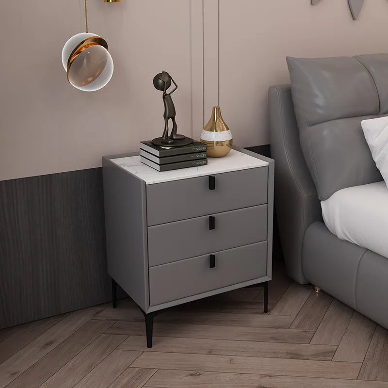 Nordic Style Solid Wood Bedside Tables Faux Leather Bedroom Nightstands with 3 Drawers with Sintered Stone Top