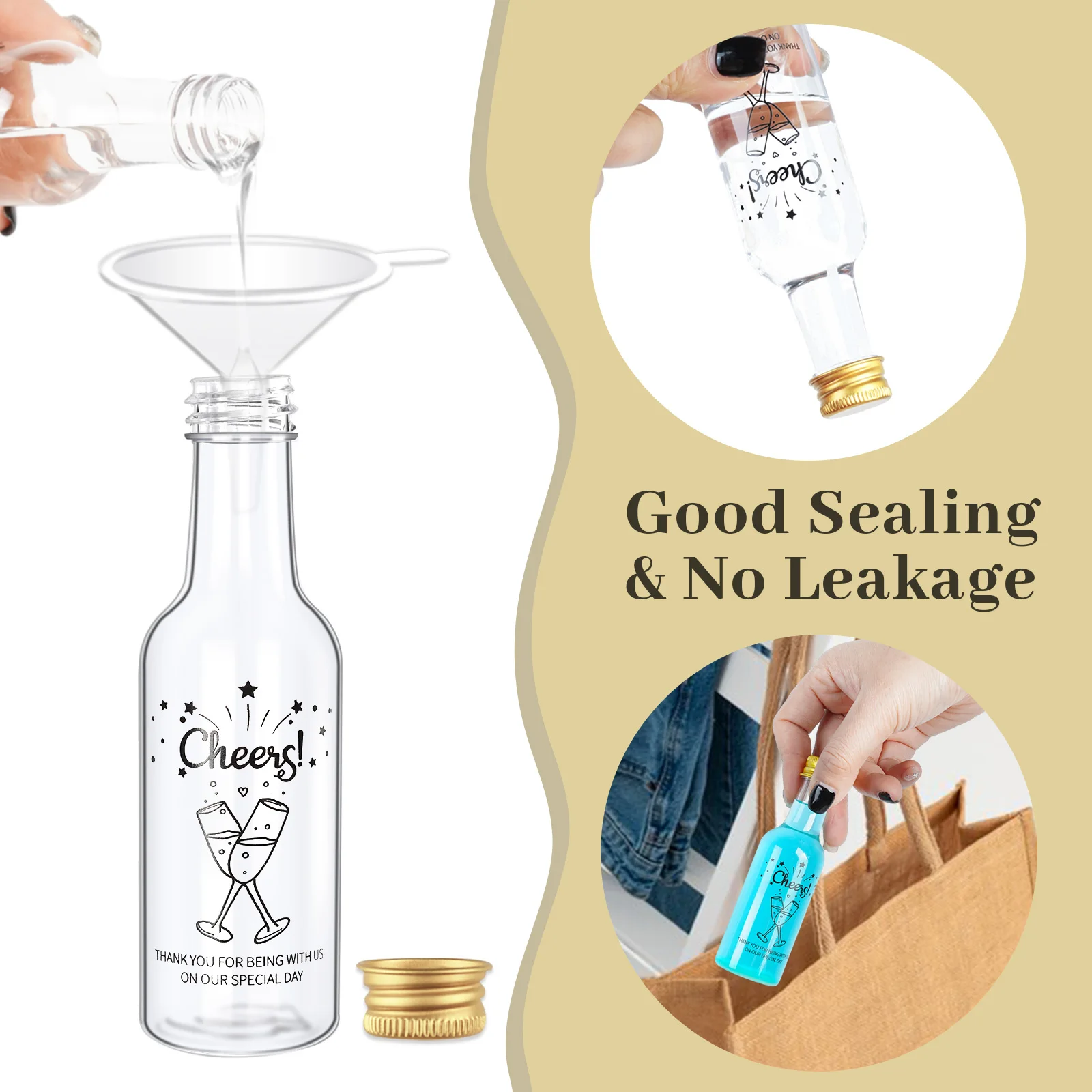 Description Picture 2 of item1.7oz/50ml Mini Wine Bottles with Gold Screw Caps Funnels for Wine Juice Alcohol Homemade Liquor Wedding Party Favors