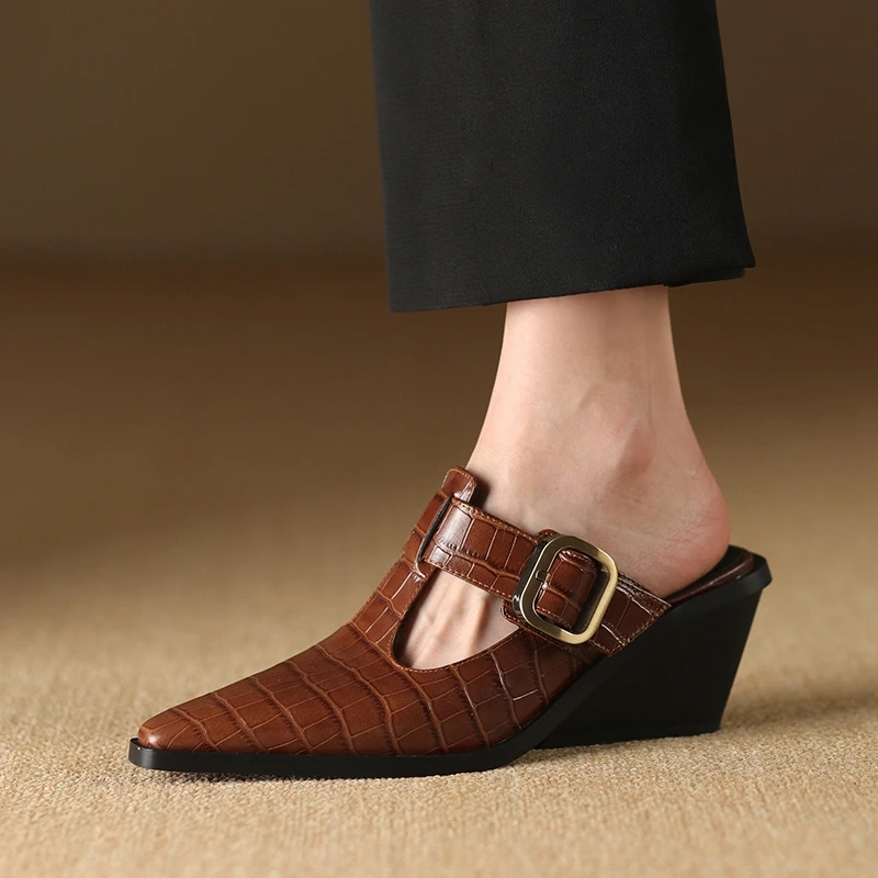 

Women's New Summer Baotou Pointed Crocodile Pattern Genuine Leather Cowhide Metal Belt Buckle Retro High Heel Muller Slippers