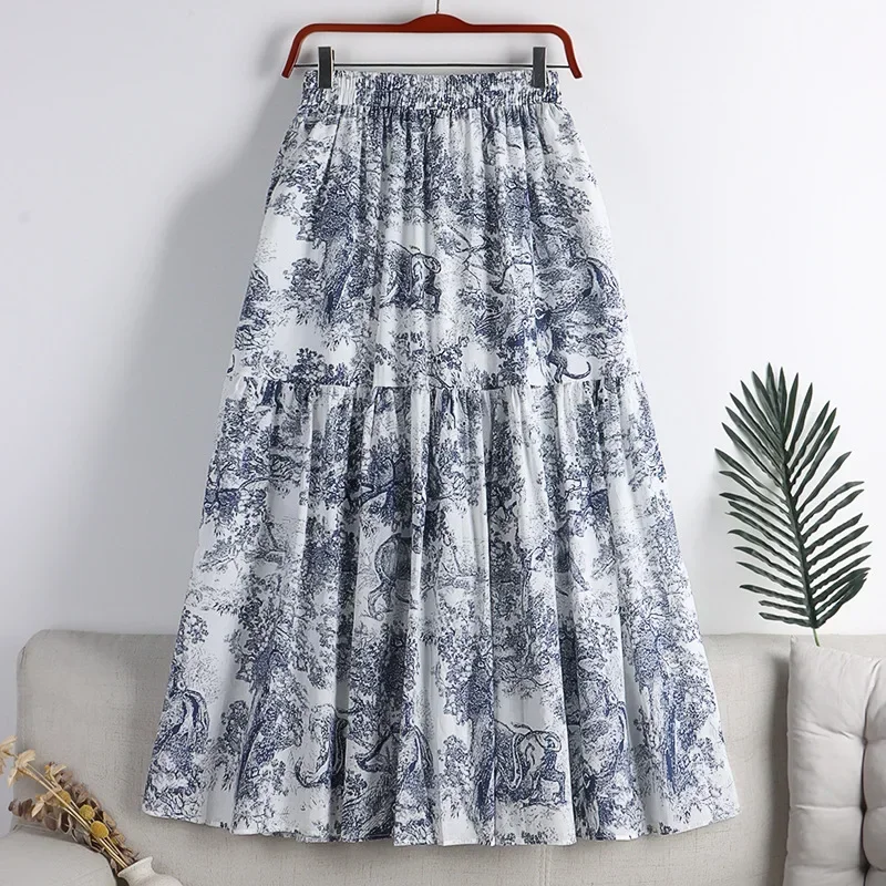

Long Maxi Pleated Skirt Women 2023 Summer Korean Fashion Cotton Linen Print Elegant Aesthetic High Waist Skirt Female P434