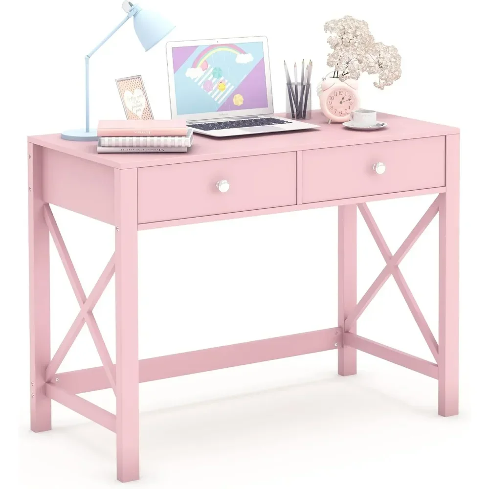 Home Office Desk with Drawers, Writing Computer Desk for Bedroom, Small Pink Makeup Vanity Table, Study Table for Home Office 4