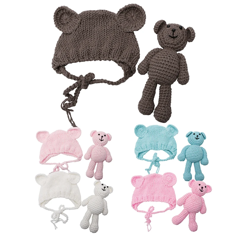 

2 Pcs/Set Crochet Hat Bear Photography Props for 0-3 Month Babies Toy Drop Shipping