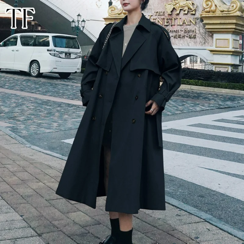 Autumn Trench Coat  Single Breasted Long Khaki Trench Coat for Women Casual Loose Jackets Classic Lapel Overcoat Belt Streetwear