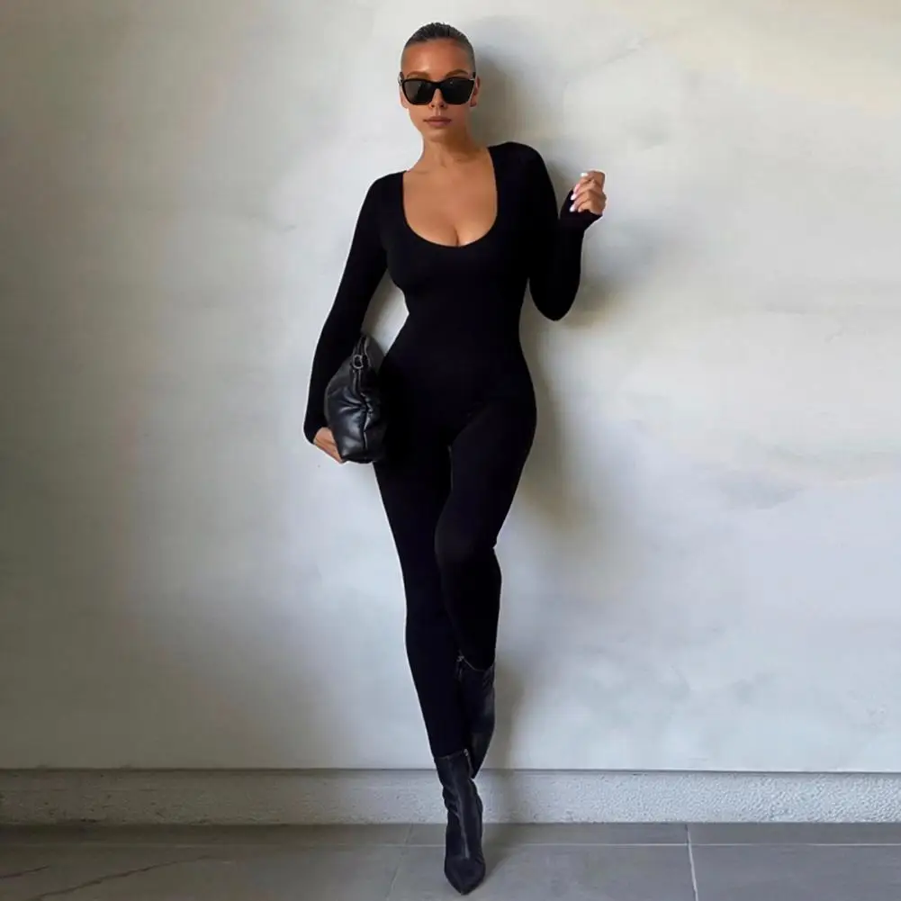 

Эластичный комбинезон, женский комбинезон с высокой эластичностью, женский комбинезон с U-образным вырезом и длинными рукавами, однотонный комбинезон на весну с отложным воротником