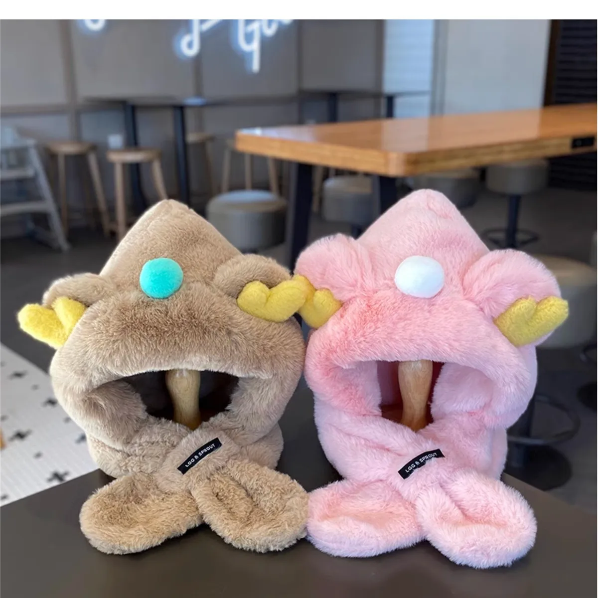 Kids Fluffy Hat Hooded Scarf Boys Girls Children Soft Plush Winter Windproof Ear Warmer Cap Scarves Comfortable Pink Beige