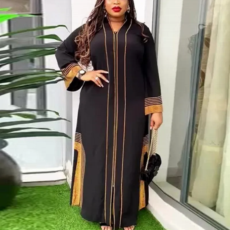 African Dresses for Women Autumn Fashion African Long Sleeve V-neck Black Long Maxi Dress Muslim Fashion Abaya African Clothing