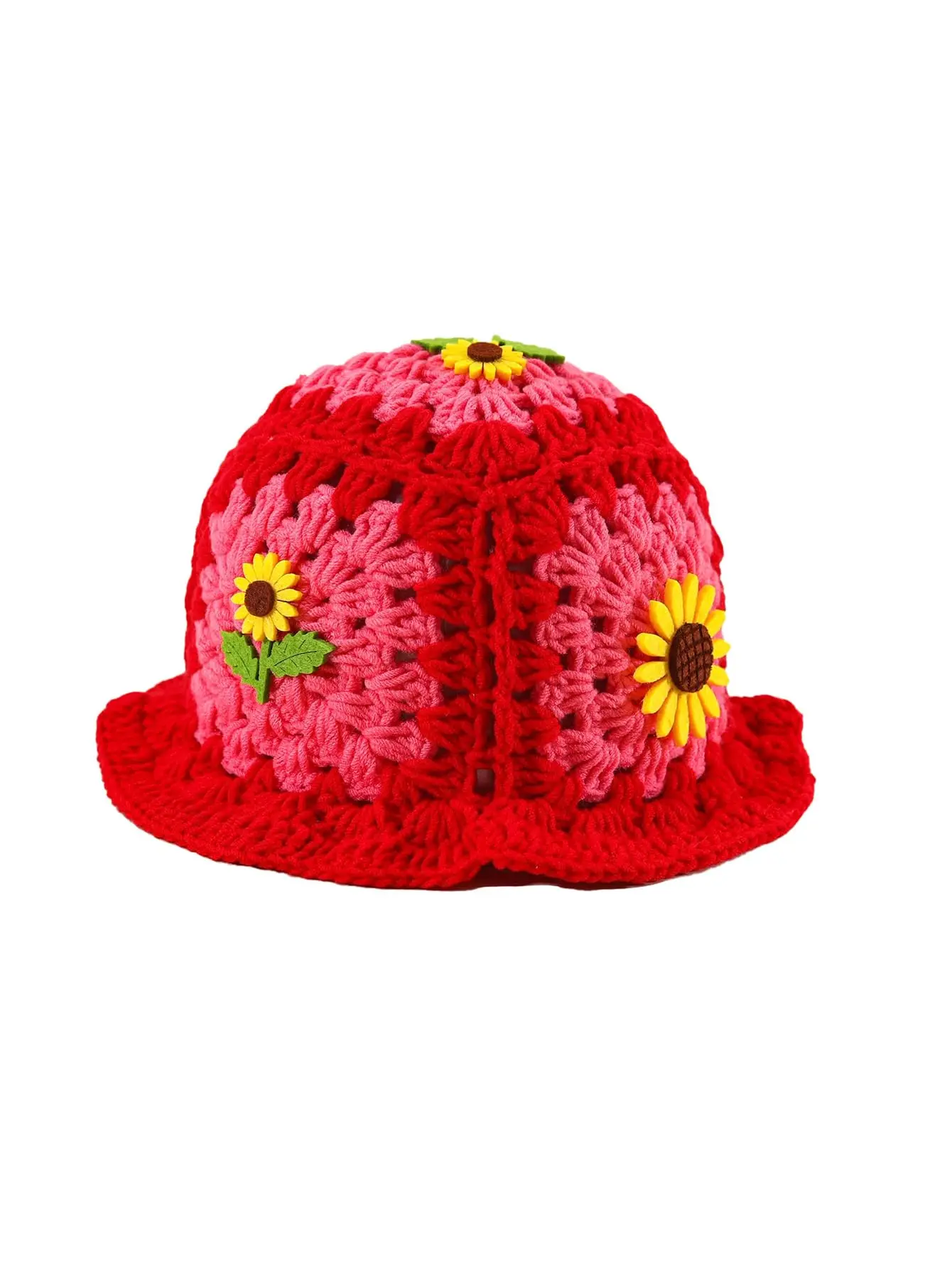 Women Handmade Corchet Knitted Bucket Hat Sun Flower Patchwork Cute Lovely Panama Hat Street HipHop Bonnet Cap Girl Boy 2