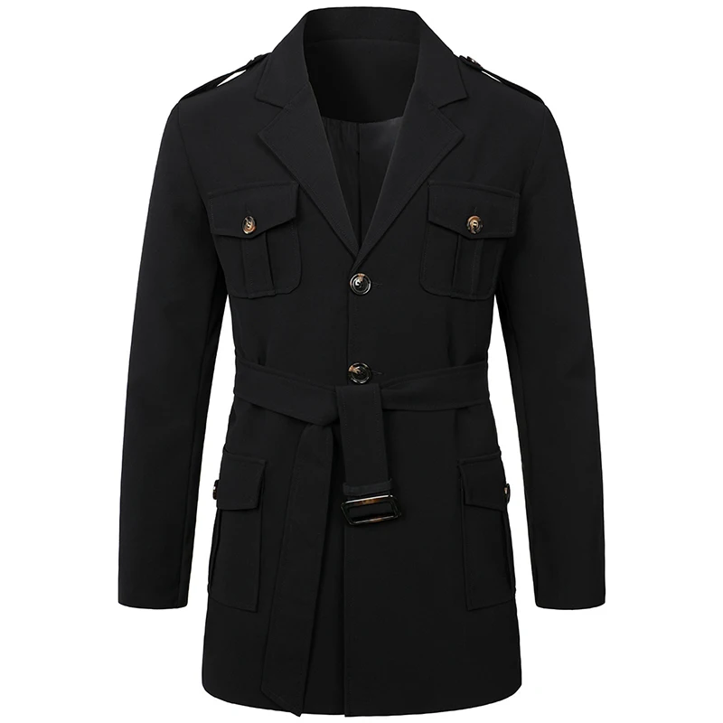 

Men's New Hunting Suit Coat Mid Length British Style Trench Coat Fashion Design Street Coat Spring and Autumn Classic Black Top
