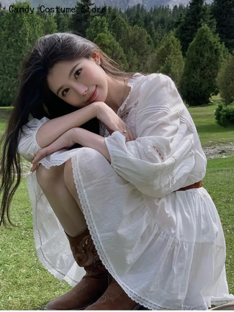 

Mini Dress Elegant Hollow-out White Dresses For Women Simmer New Lantern Sleeve With Belt French Style Shirt Vestidos