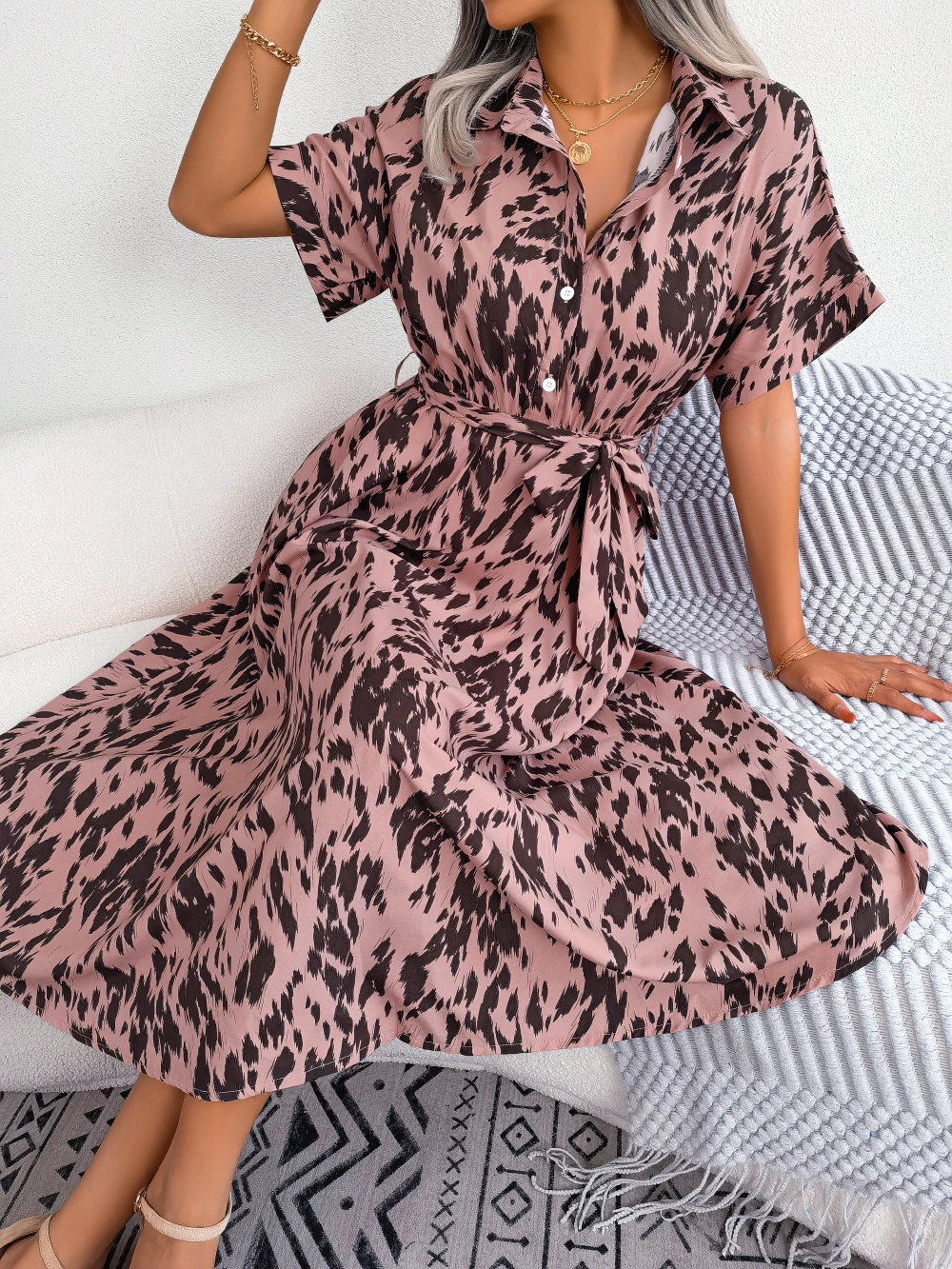 Women Casual Leopard Print Batwing Sleeve Buttons Slim Waist Long Shirt Dress For Summer