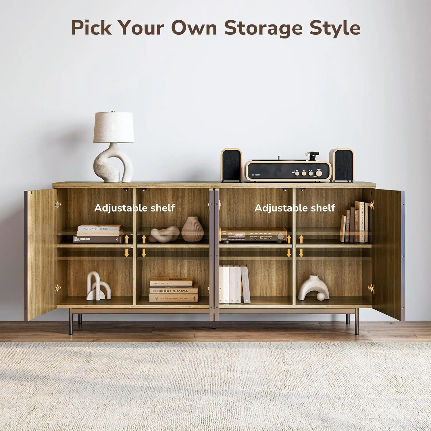Description Picture 4 of itemSideboard Buffet Cabinet, 63" Storage Cabinet with Fluted Decorative Doors Modern Console Table for Dinning Room