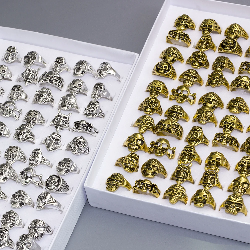 100Pcs Bulk Wholesale Ring Lots Skull Rings For Female Lady Man Skeleton Vintage Gothic Jewelry Biker Punk Ring Party