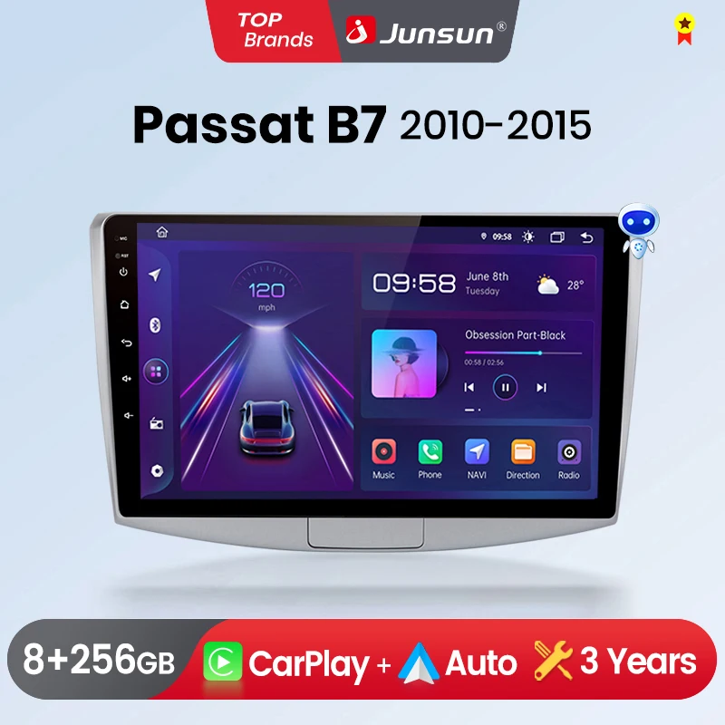 Junsun Wireless CarPlay Android Auto Car Radio for VW Passat B6, B7, and CC (2010–2015), 2-DIN Multimedia System with GPS and Stereo
