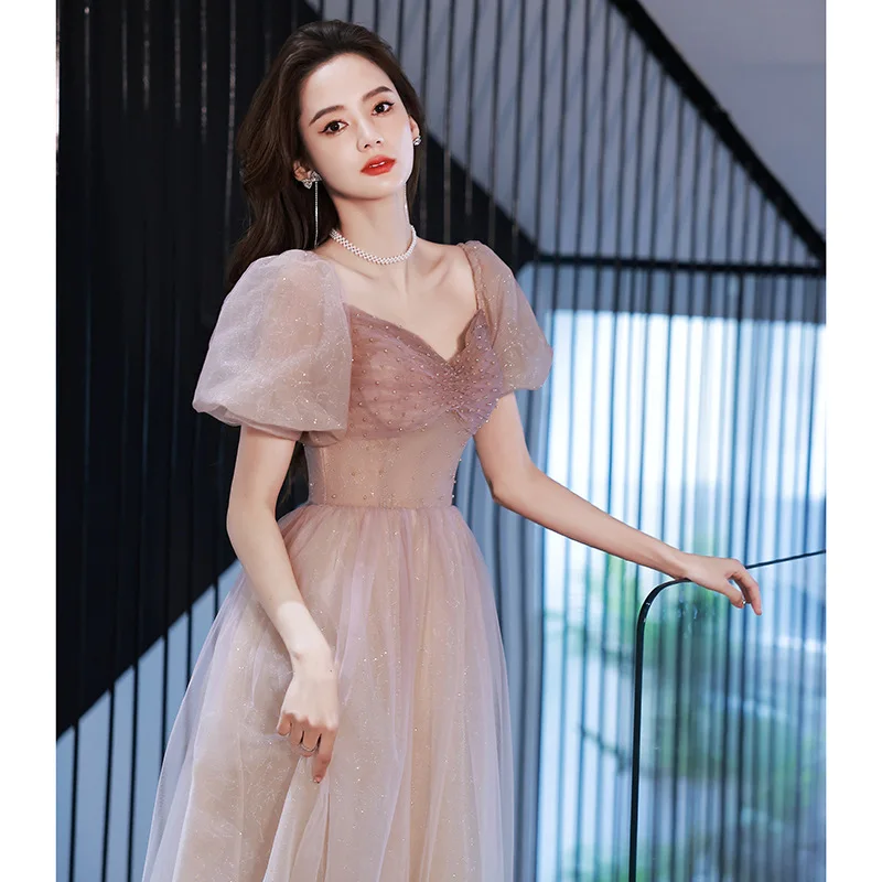 

Female Qipao Retro Square Neck Puff Sleeve Banquet Dress Fairy Dreamy Mesh Evening Party Dress Vestidos De Festa Pink Prom Dress