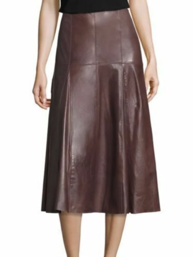 Women Leather Skirt Fashion Sheepskin Brown Leather Sexy Flare Skirt