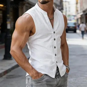 Canotte Sportive da Uomo Slim Fit Primavera Estate Casual Tinta Unita con Bottoni Collo alla Coreana Senza Maniche per Fitness